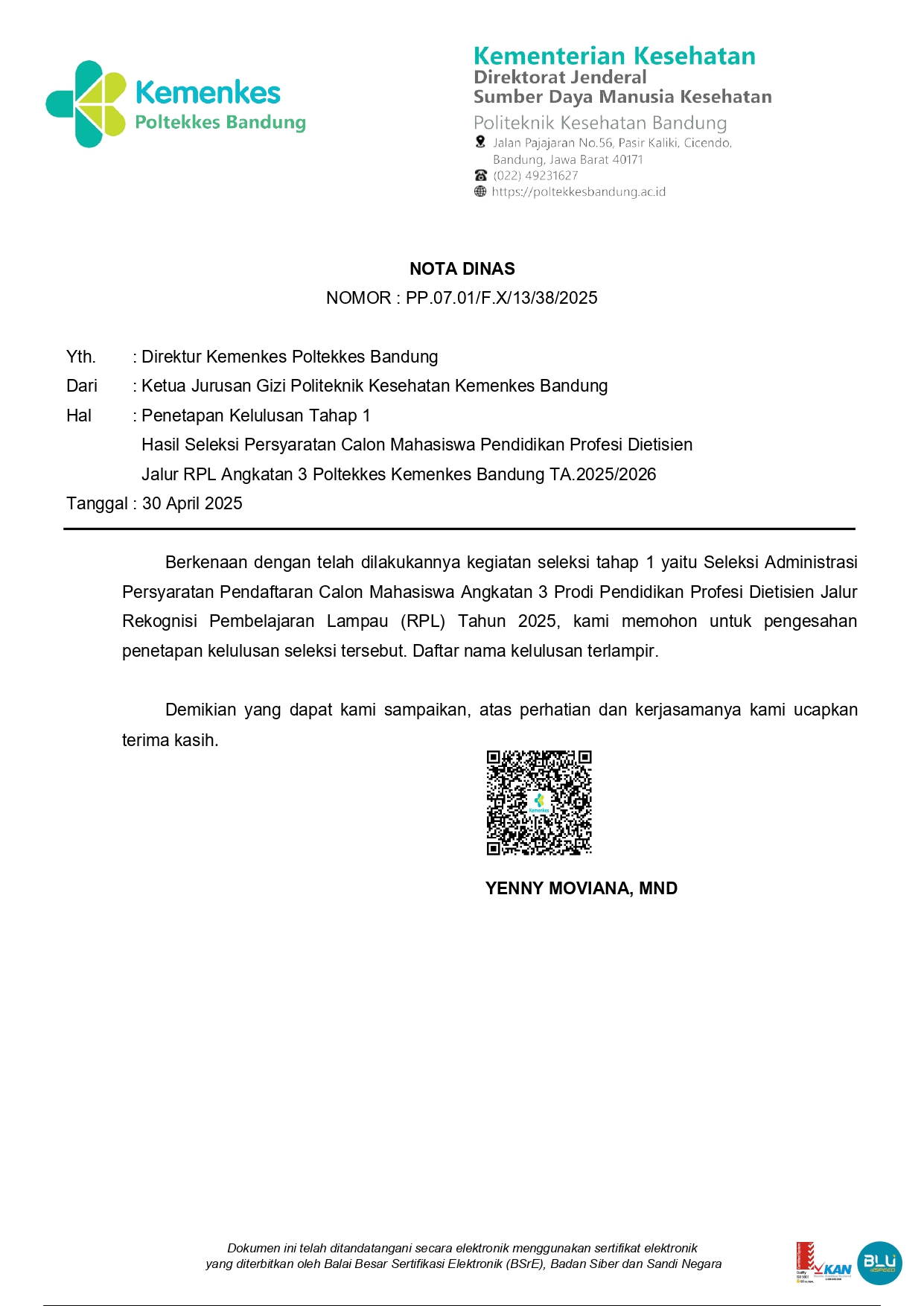 Pengumuman  Kelulusan Tahap 1  Hasil Seleksi Persyaratan Calon Mahasiswa Pendidikan Profesi Dietisien  Jalur RPL Angkatan 3 Poltekkes Kemenkes Bandung TA.2025/2026